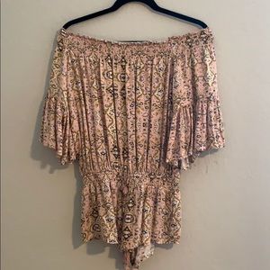 Tribal pink off the shoulder bell sleeve romper